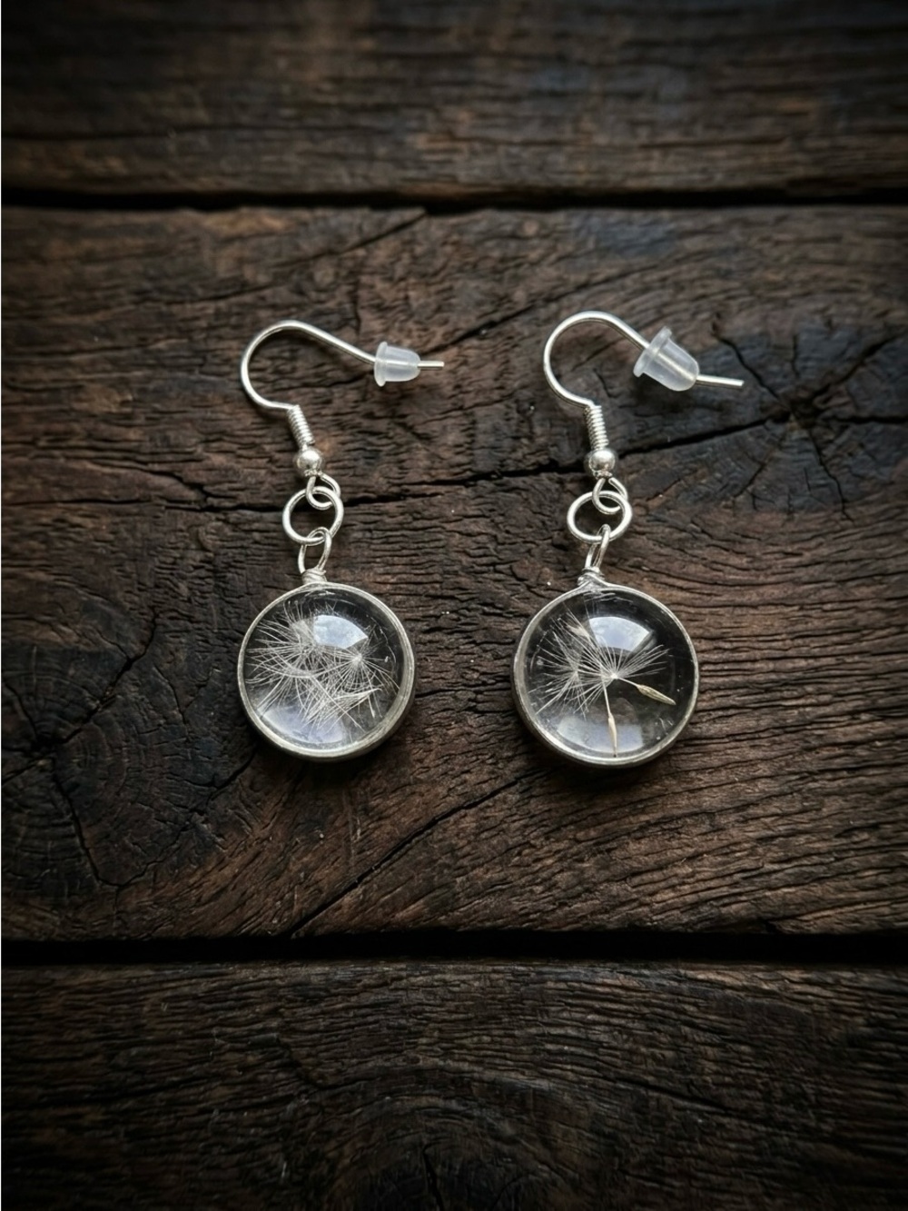 Handmade Dandelion Seed Encased Drop Earrings - Silver